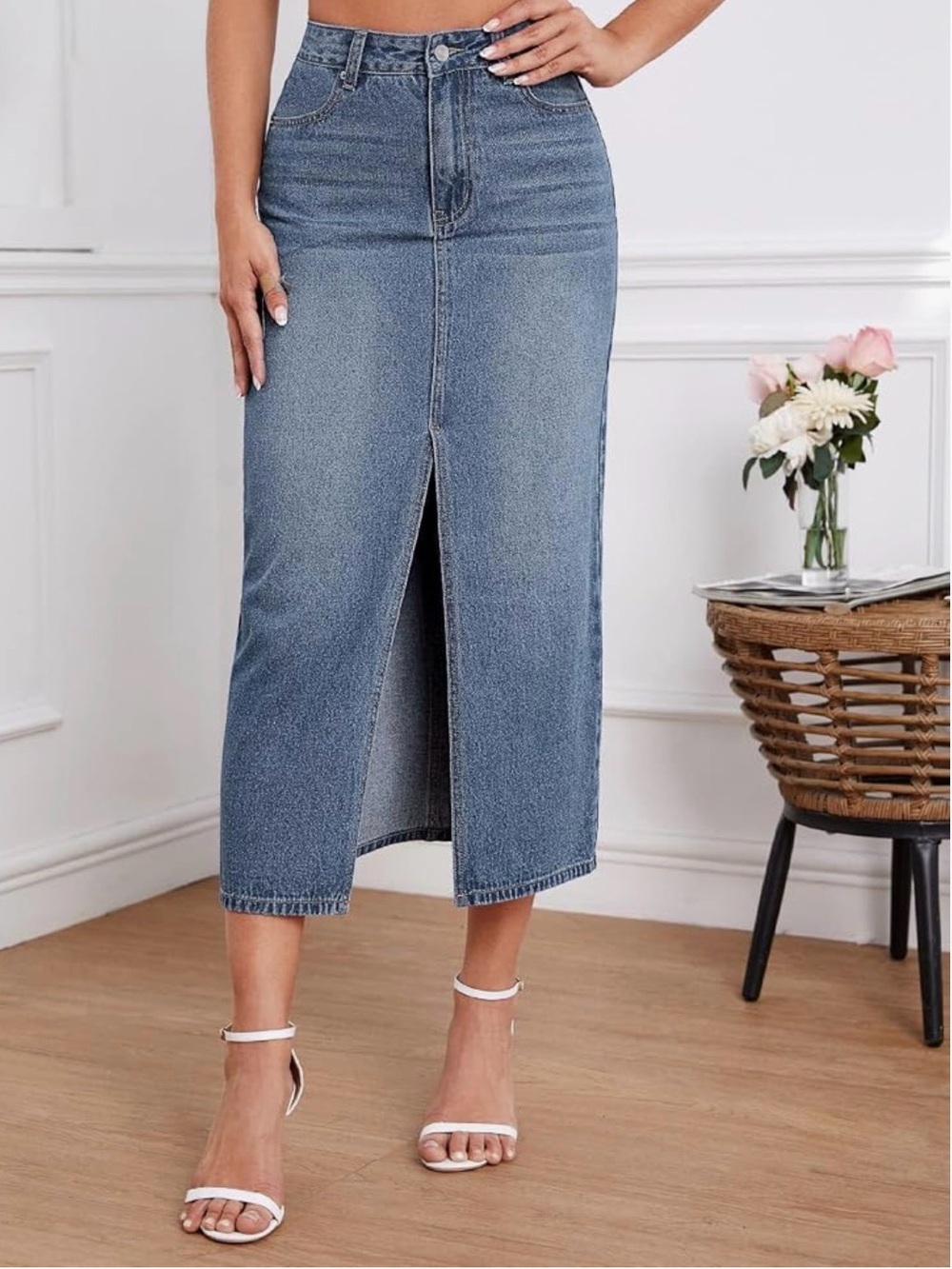 High-Waist Midi Denim Skirt with Front Slit - DARK Blue